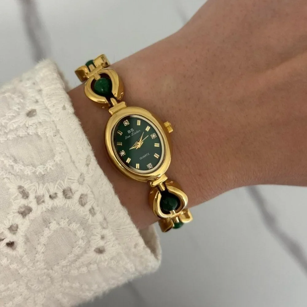 Sku0456 Retro Gold Green Pearl Gemstones Women Fashion Watch Bracelet + gift box